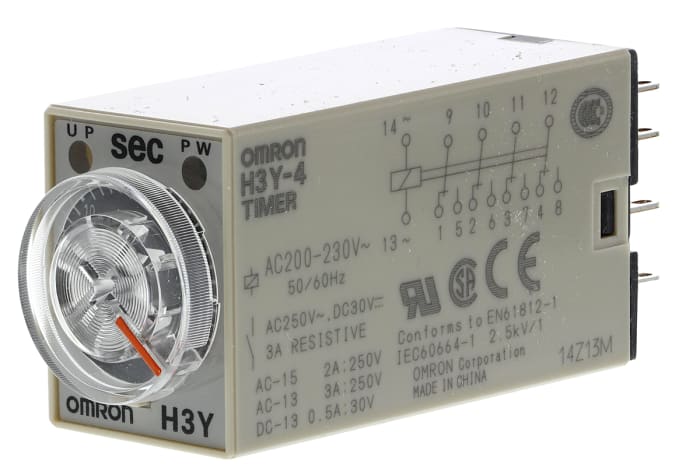 Relais temporisé Omron H3Y-4, 200 → 230V c.a., Rail DIN, Montage en surface, 4 contacts