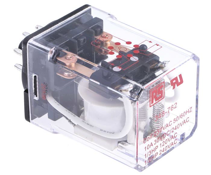 RS PRO Plug In Power Relay, 230V ac Coil, 10A Switching Current, DPDT