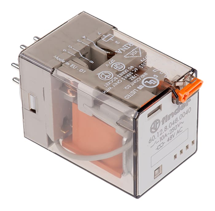 Relé de potencia sin enclavamiento Finder 60 Series de 2 polos, DPDT, bobina 48V ac, 10A, enchufable