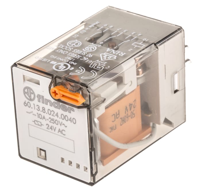 Relé de potencia sin enclavamiento Finder 60 Series de 3 polos, 3PDT, bobina 24V ac, 10A, enchufable