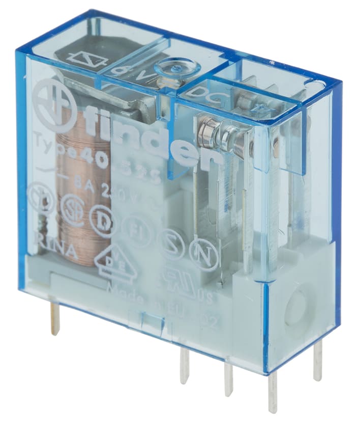 Finder PCB Mount Power Relay, 6V dc Coil, 8A Switching Current, DPDT