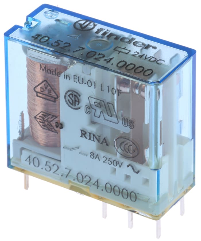 Relé de potencia sin enclavamiento Finder 40 Series de 2 polos, DPDT, bobina 24V dc, 8A, Montaje en PCB