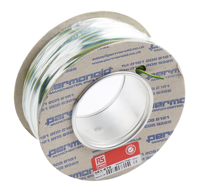 RS PRO, RS PRO Green/Yellow 0.75 mm² Hook Up Wire, 18 AWG, 24/0.2 mm,  100m, PVC Insulation, 361-670