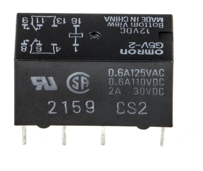 Omron PCB Mount Signal Relay, 12V dc Coil, 2A Switching Current, DPDT