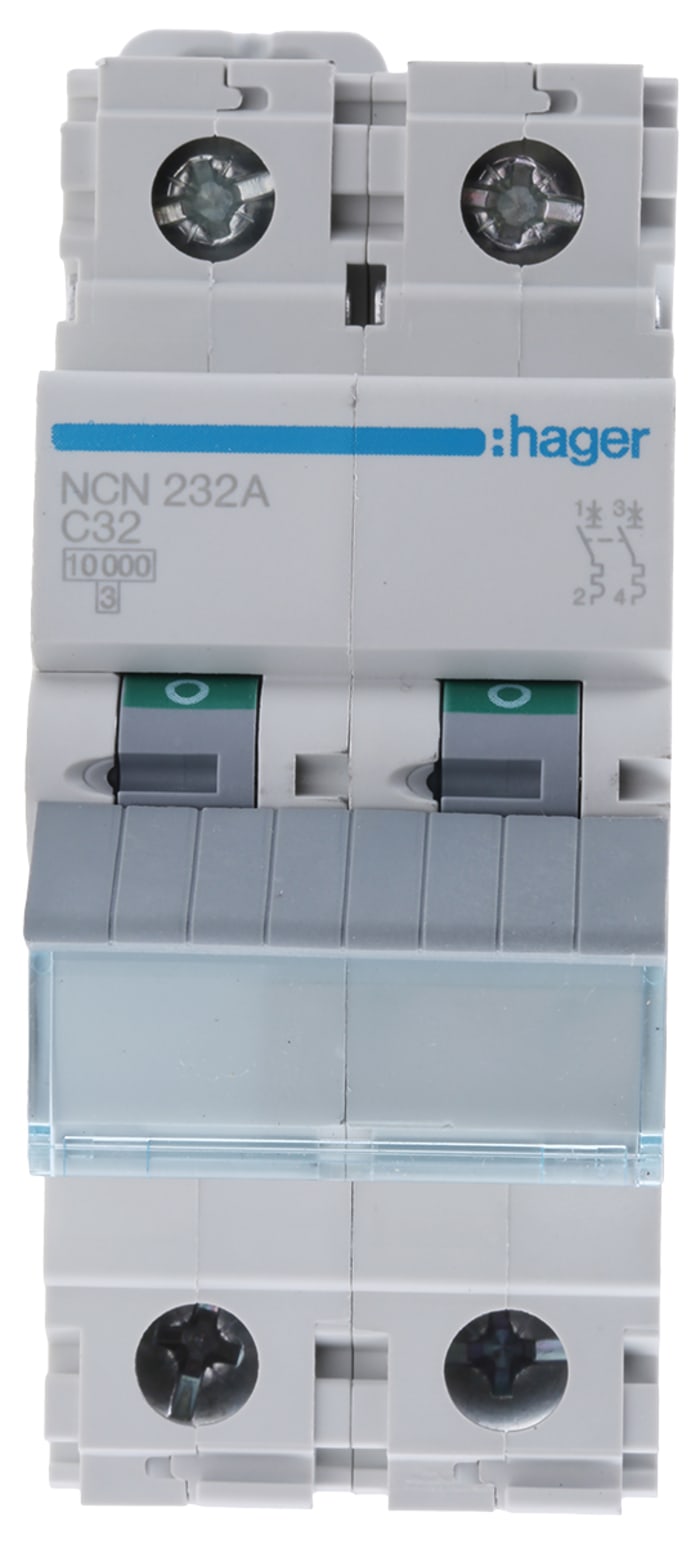Hager Invicta NCN MCB2P, 32A Curve C, 230 → 400V AC, 10 kA Breaking Capacity
