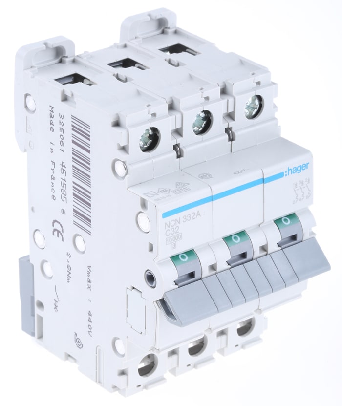 Hager Invicta NCN MCB3P, 32A Curve C, 230 → 400V AC, 10 kA Breaking Capacity