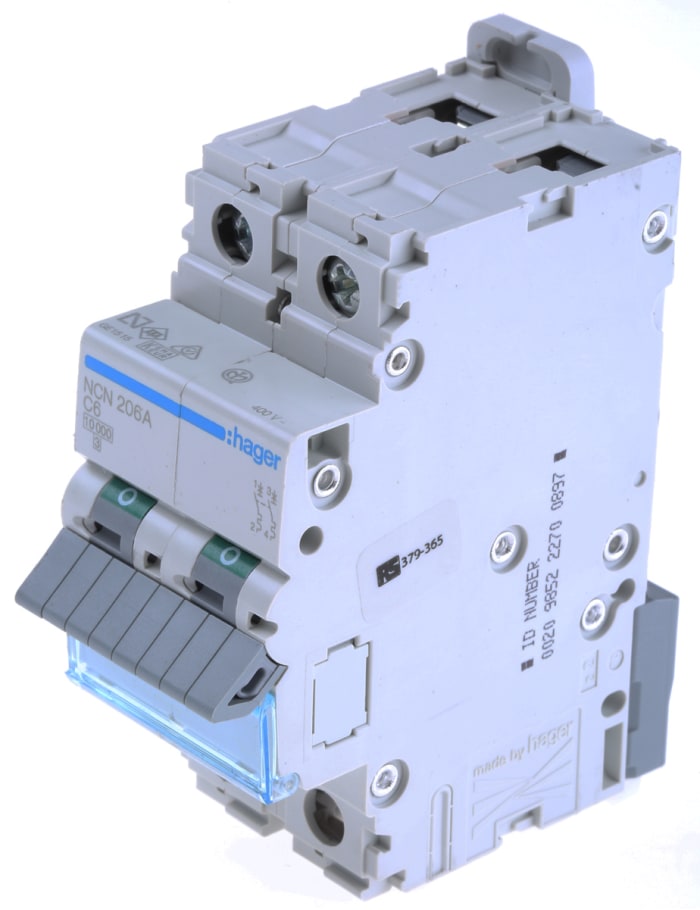 Hager Invicta NCN MCB2P, 6A Curve C, 230 → 400V AC, 10 kA Breaking Capacity