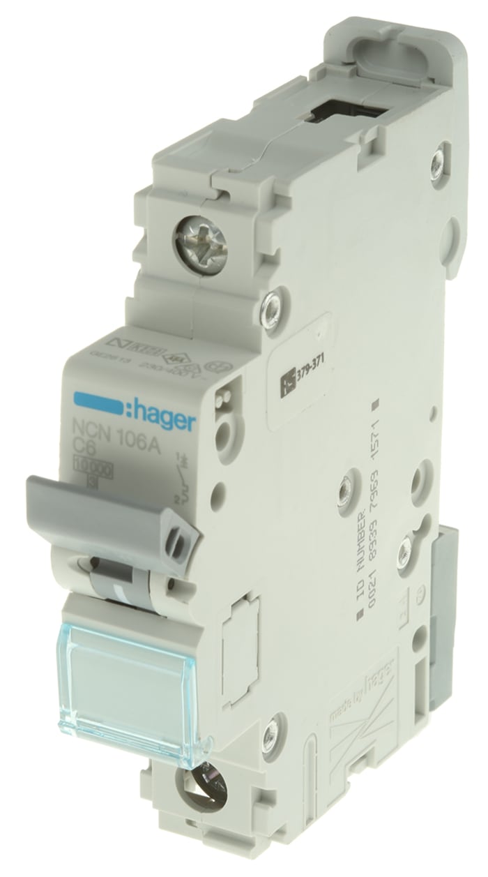 Hager Invicta NCN MCB1P, 6A Curve C, 230 → 400V AC, 10 kA Breaking Capacity