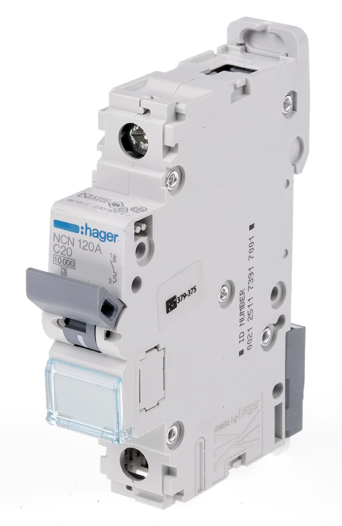 Hager Invicta NCN MCB1P, 20A Curve C, 230 → 400V AC, 10 kA Breaking Capacity