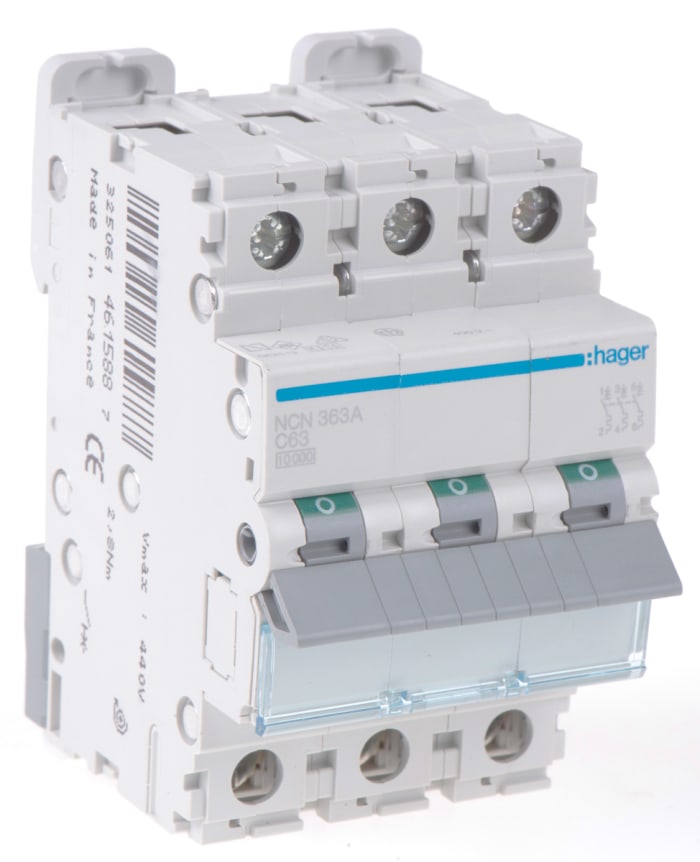 Hager Invicta NCN MCB3P, 63A Curve C, 230 → 400V AC, 10 kA Breaking Capacity