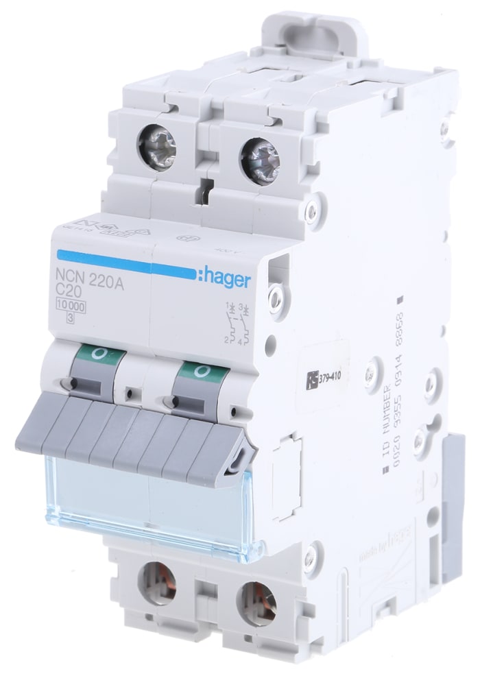 Hager Invicta NCN MCB2P, 20A Curve C, 230 → 400V AC, 10 kA Breaking Capacity