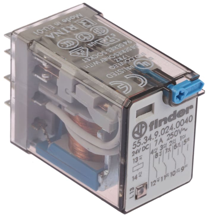 Finder Plug In Power Relay, 24V dc Coil, 7A Switching Current, 4PDT