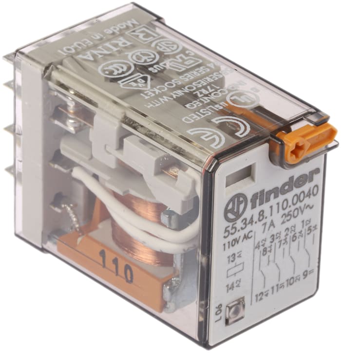 Relé de potencia sin enclavamiento Finder 55 Series de 4 polos, 4PDT, bobina 110V ac, 7A, enchufable