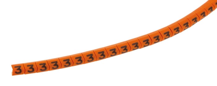 HellermannTyton Helagrip Slide-On Cable Marker, Black, Pre-printed "3", 3 mm Cable Orange, 1 mm Cable, 901-10270