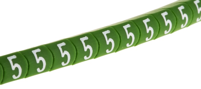 HellermannTyton Helagrip Slide On Cable Markers, White on Green, Pre-printed ""5"", 1 → 3mm Cable, 901-10272
