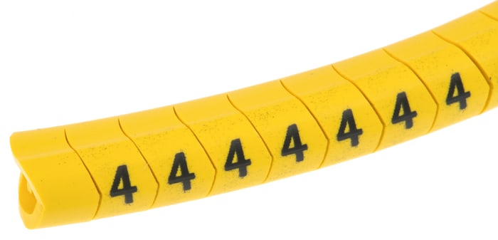 HellermannTyton Helagrip Slide-On Cable Marker, Black, Pre-printed "4", 9 mm Cable Yellow, 4 mm Cable, 901-10309