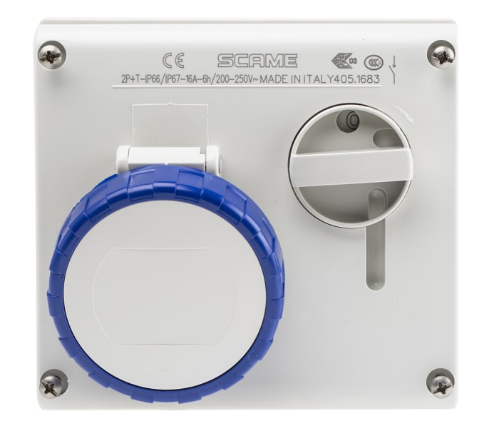 Scame Right Angle Switchable IP66, IP67 Industrial Interlock Socket 2P+E, Earthing Position 6h, 16A, 250 V