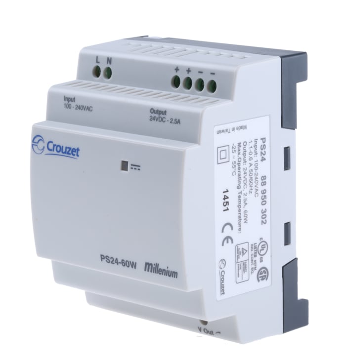 Crouzet PLC Power Supply PS Series PS Series, 100 → 240 V ac, 24V dc, 2.5 A 60W 110 x 72 x 56.1 mm