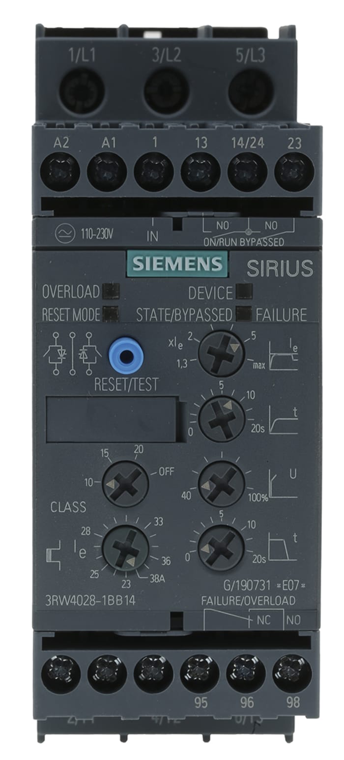 Startér pro plynulý rozběh, řada: 3RW40 18,5 kW 38 A 480 V AC 3fázový IP20, rozsah: SIRIUS 3RW