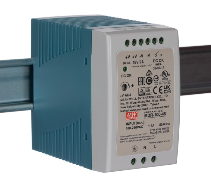MEAN WELL MDR Switched Mode DIN Rail Power Supply, 85 → 264V ac ac Input, 48V dc dc Output, 2A Output, 100W