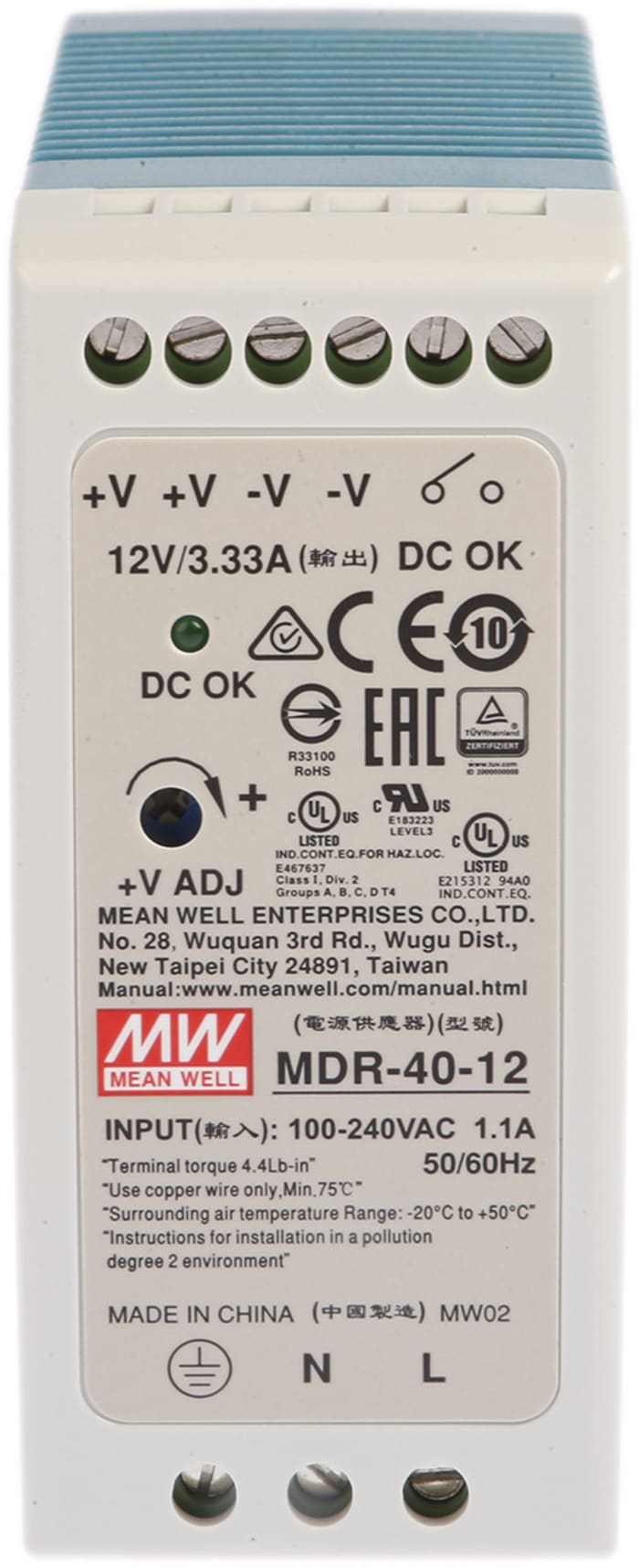 MEAN WELL MDR Switched Mode DIN Rail Power Supply, 85 → 264V ac ac Input, 12V dc dc Output, 3.33A Output, 40W