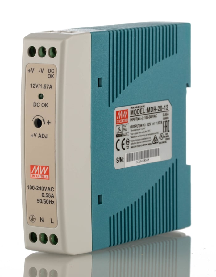 MEAN WELL MDR Switched Mode DIN Rail Power Supply, 85 → 264V ac ac Input, 12V dc dc Output, 1.67A Output, 20W