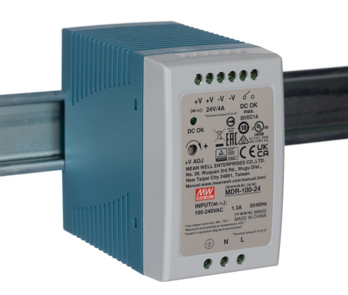 MEAN WELL MDR Switched Mode DIN Rail Power Supply, 85 → 264V ac ac Input, 24V dc dc Output, 4A Output, 100W