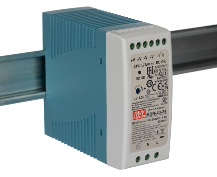 MEAN WELL MDR Switched Mode DIN Rail Power Supply, 85 → 264V ac ac Input, 24V dc dc Output, 1.7A Output, 40W