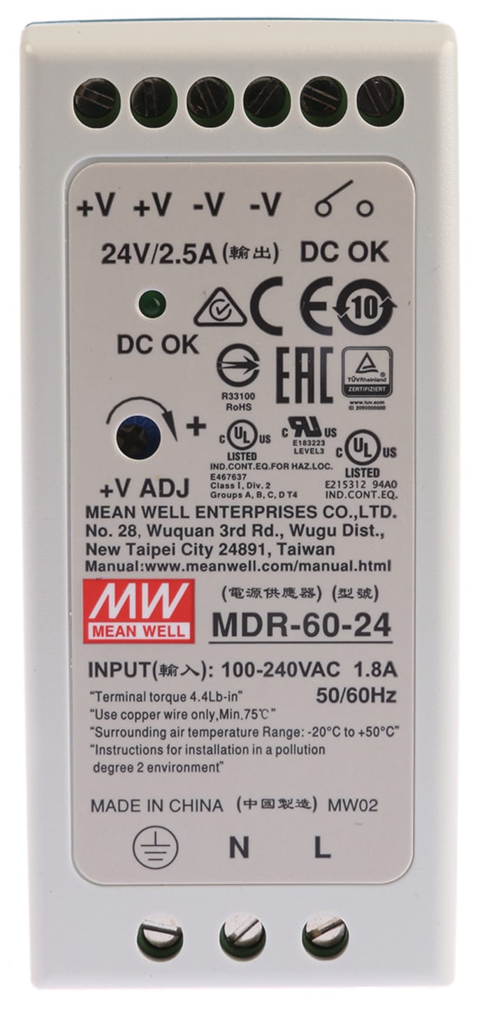 MEAN WELL MDR Switched Mode DIN Rail Power Supply, 85 → 264V ac ac Input, 24V dc dc Output, 2.5A Output, 60W