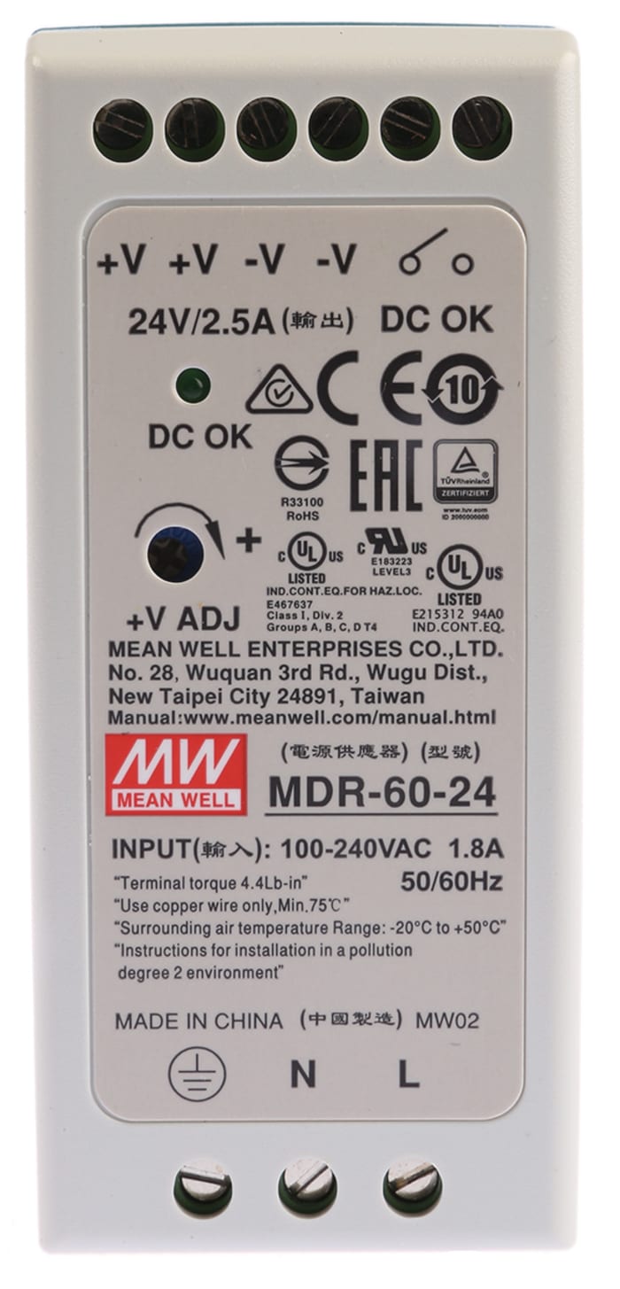 24V dc MDR DIN Ray Pano Montaj Güç Kaynağı, 24V dc / 30V dc, 2,5A 1 Çıkışlı 60W, Anahtarlama Modu