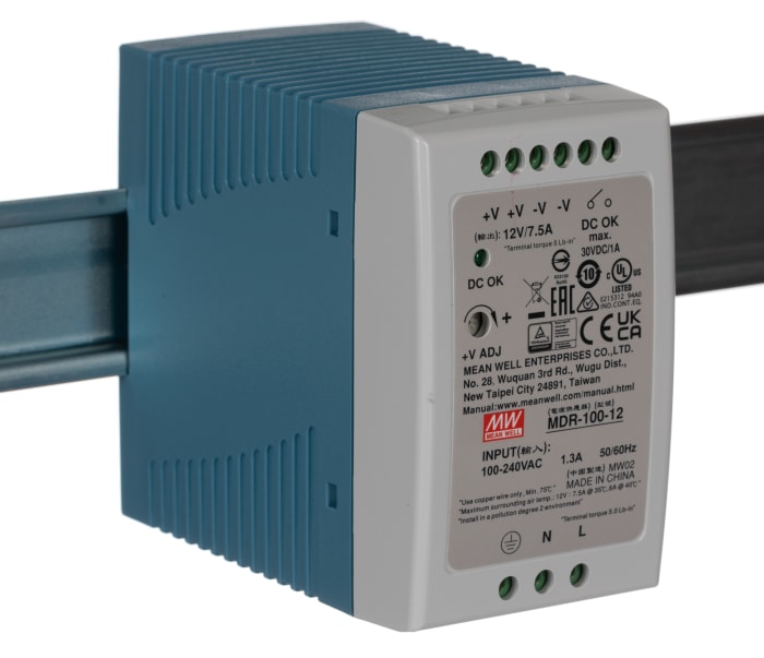 Alimentation pour rail DIN MEAN WELL, série MDR, 12V c.c.out 7.5A, 100W