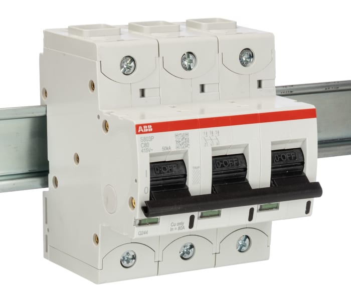 ABB High Performance S800S MCB, 3P, 80A Curve C, 400V AC, 250V DC, 50 kA Breaking Capacity