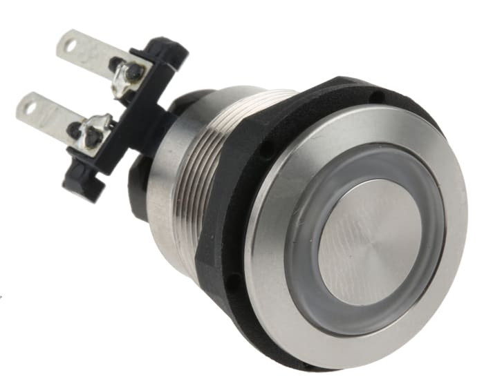Schurter MSM LA 19 Series Push Button Switch, Latching, Panel Mount, 19mm Cutout, DPDT, Green LED, 125/250V ac, IP64