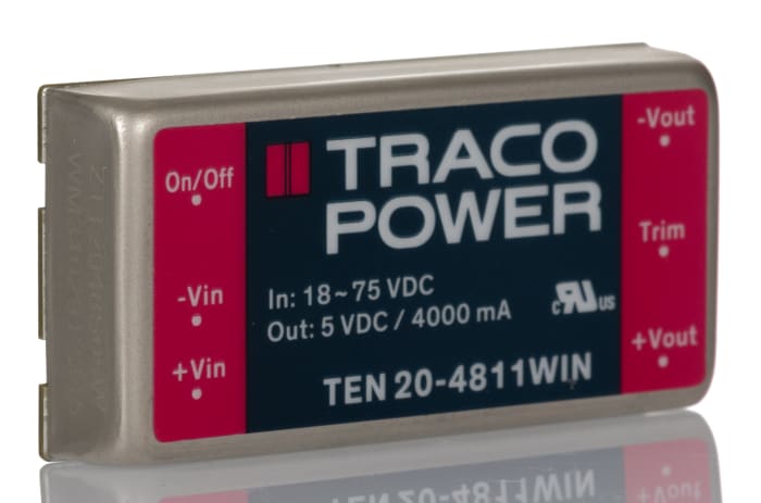 TRACOPOWER TEN 20WIN DC-DC Converter, 5V dc/ 4A Output, 18 → 75 V dc Input, 20W, Through Hole, +85°C Max Temp