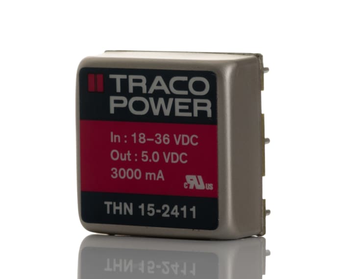 TRACOPOWER THN 15 DC-DC Converter, 5V dc/ 3A Output, 18 → 36 V dc Input, 15W, Through Hole, +85°C Max Temp -40°C