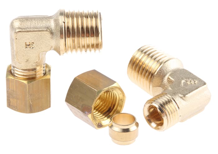 Legris Brass Pipe Fitting, 90° Compression Elbow, Male R 1/4in to Female 6mm