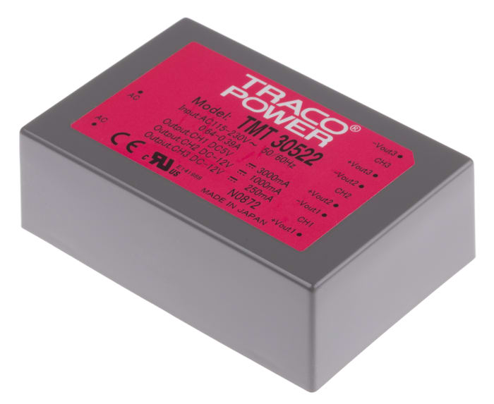 TRACOPOWER Embedded Switch Mode Power Supply SMPS, TMT 30522, 5 V dc, ±12 V dc, 1 A, 3 A, 250 mA, 30W, Triple Output,