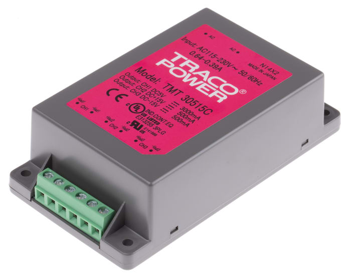 TRACOPOWER Embedded Switch Mode Power Supply SMPS, TMT 30515C, 5/±15V dc, 3 A, 500 mA, 30W, Triple Output, 85 →