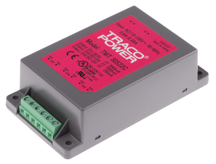 TRACOPOWER Embedded Switch Mode Power Supply SMPS, TMT 30522C, 5/±12V dc, 1 A, 3 A, 250 mA, 30W, Triple Output, 85