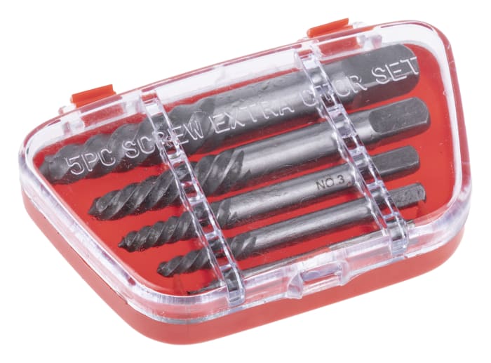 Juego de extractores de tornillos RS PRO 2,5 mm, 3,3 mm, 4,2 mm, 5,0 mm, 6,8 mm de 5 piezas de Aleación de acero