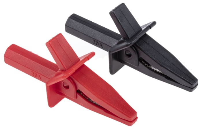 RS PRO Crocodile Clip 4 mm Connection, Nickel-Plated Steel Contact, 20A, Black, Red