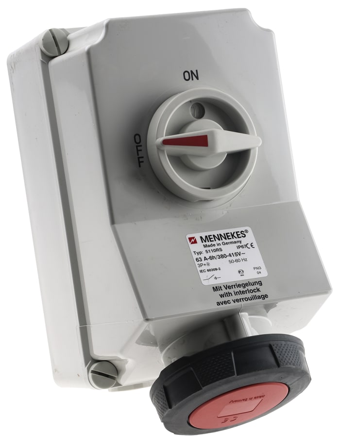 MENNEKES Switchable IP67 Industrial Interlock Socket 3P+E, Earthing Position 6h, 63A, 400 V