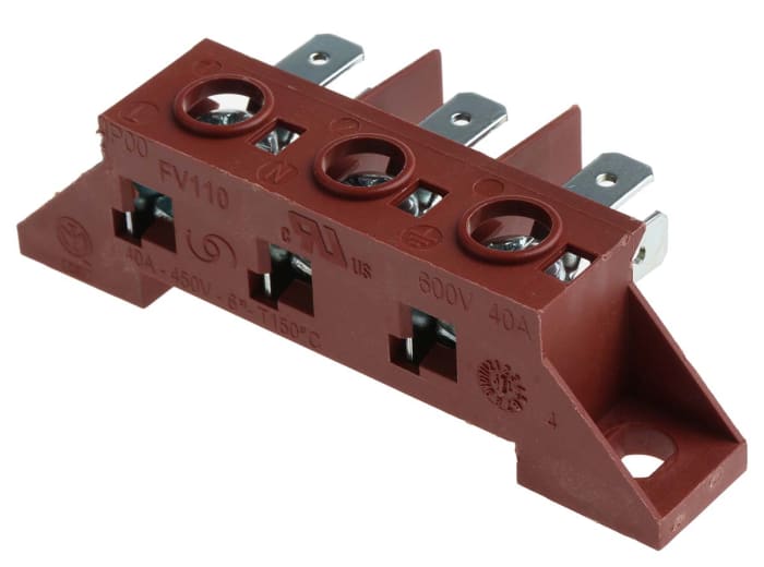 RS PRO Non-Fused Terminal Block, 3-Way, 40A, 22 → 8 AWG Wire, Screw Down Termination