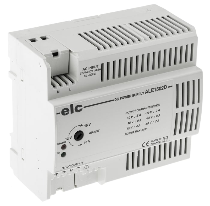 Alimentation pour rail DIN ELC, série ALE DIN RAIL, 12 V dc, 24 V dc, ±15V c.c.out 2A, 60W