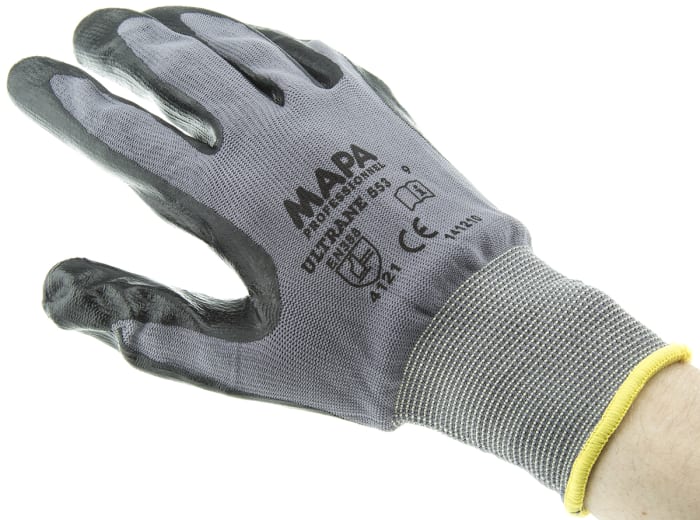Mapa Ultrane Black Nylon General Purpose Reusable Gloves, Size 9, Large, Nitrile Coating