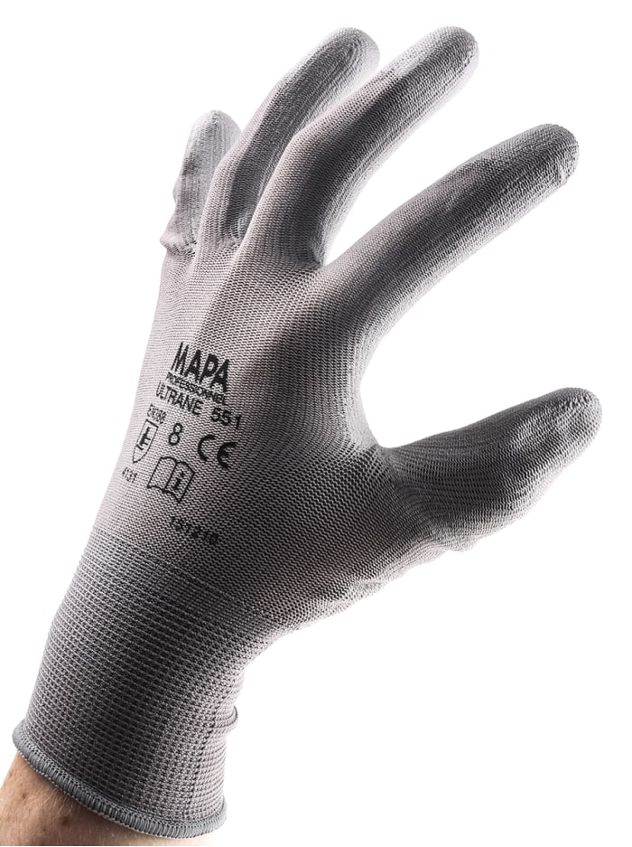 Mapa Ultrane Grey Nylon General Purpose Reusable Gloves, Size 8, Medium, Polyurethane Coating