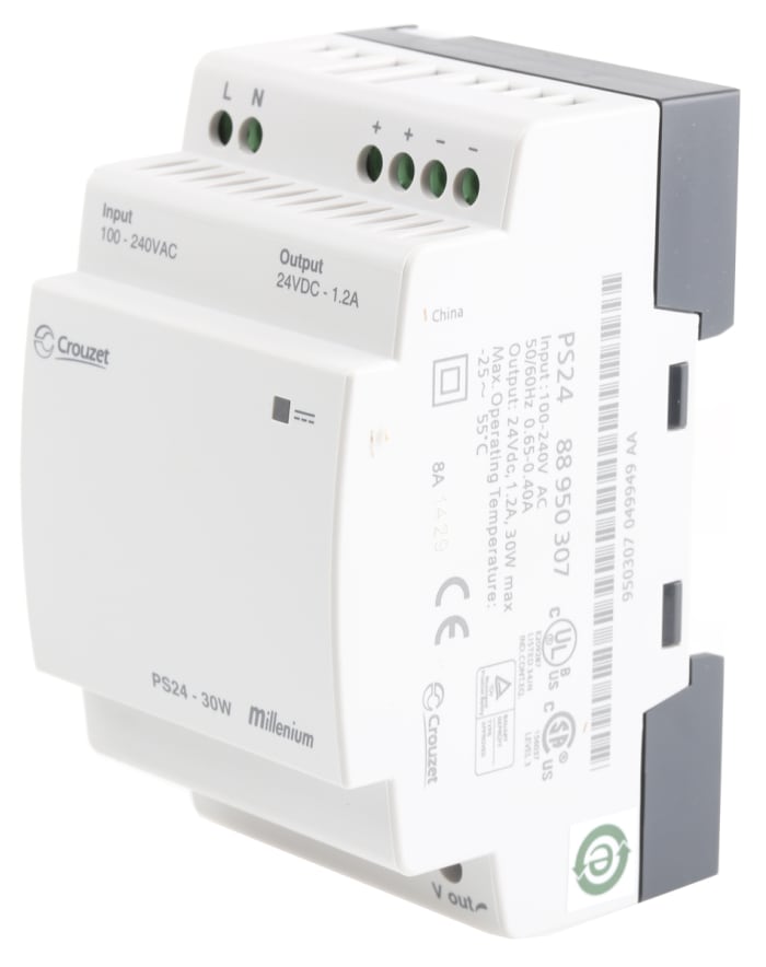 Crouzet PLC Power Supply PS Series Millenium III Series, 100 → 240 V, 22.8 → 28.8V dc, 1.2 A 30W 54 x 100