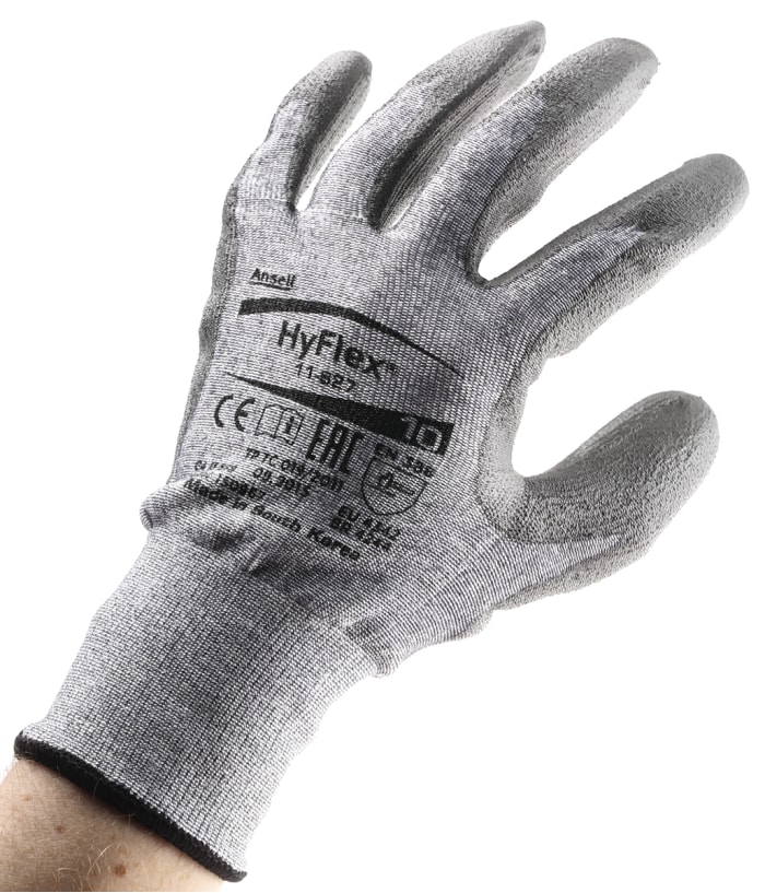 Ansell Hyflex Grey Dyneema Cut Resistant Work Gloves, Size 10, Large, Polyurethane Coating