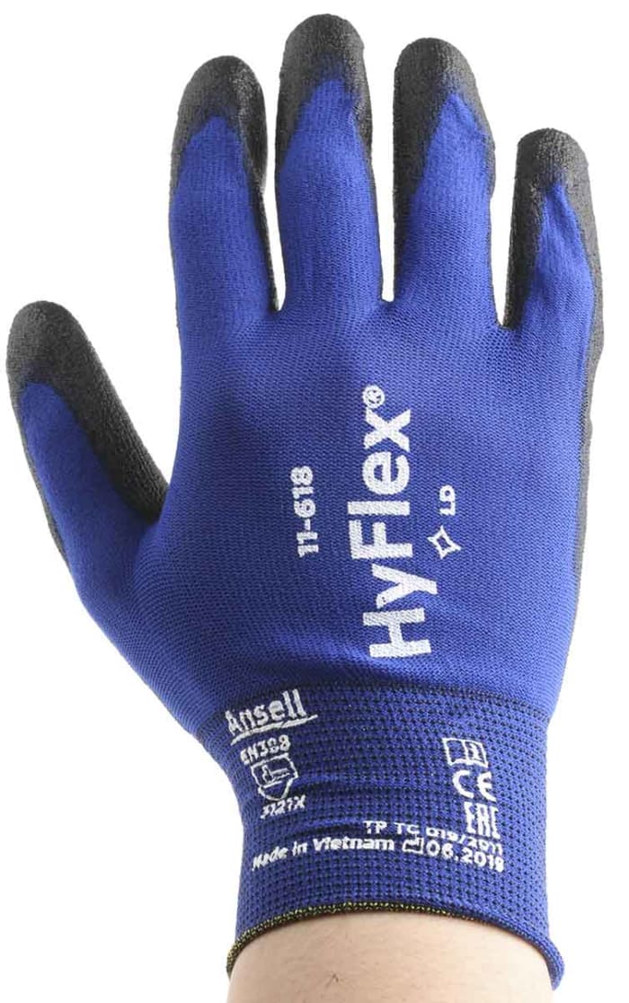 Ansell HyFlex 11-618 Black Nylon General Purpose Work Gloves, Size 8, Polyurethane Coating