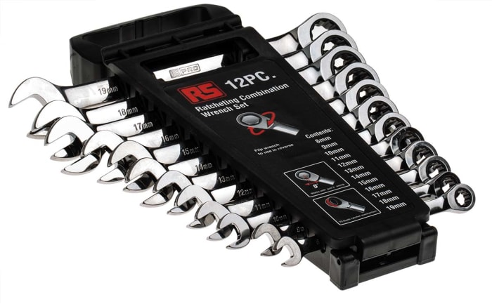 RS PRO 12-Piece Ratchet Spanner Set, 8 → 19 mm, Chrome Vanadium Steel